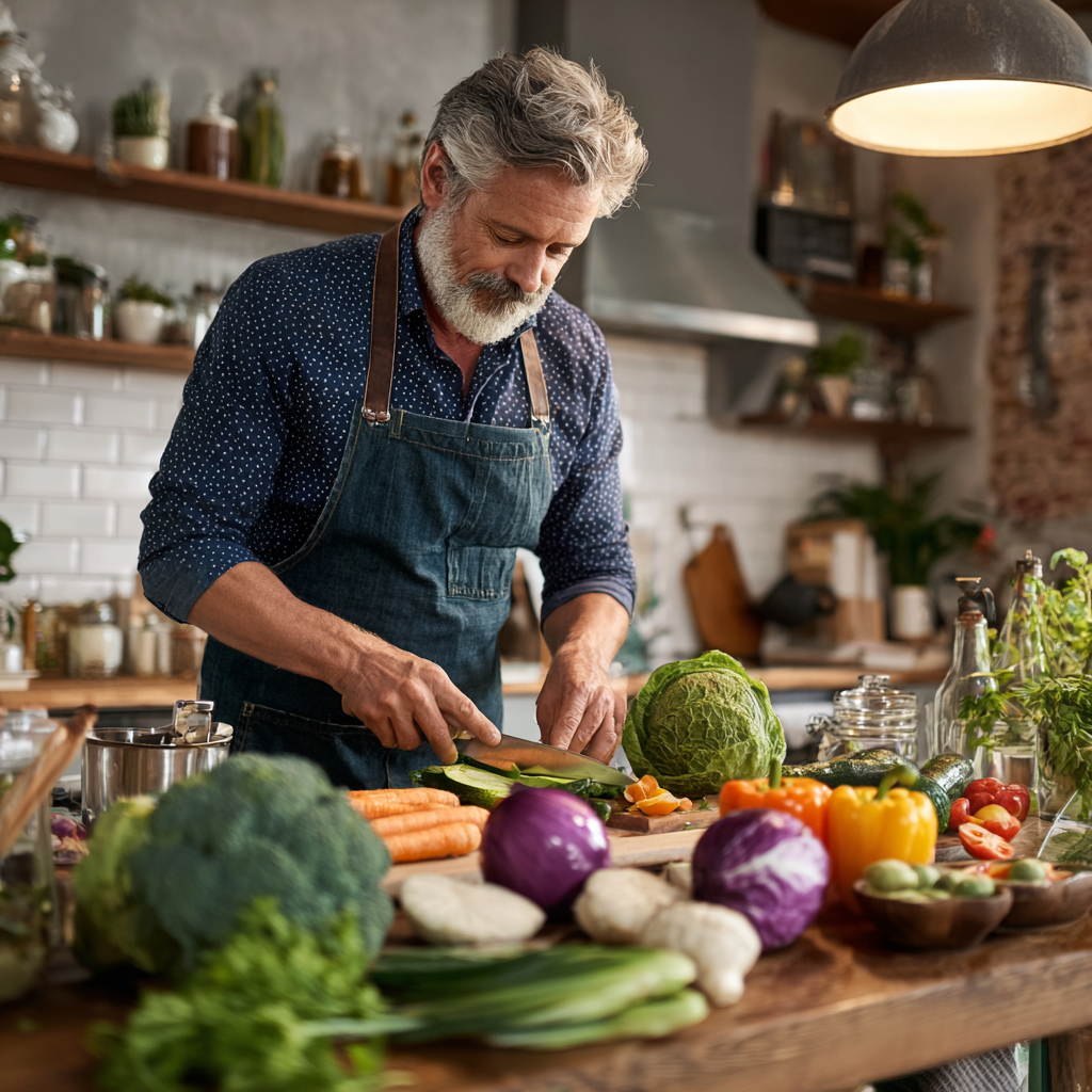 mature man cooking healthy vegetables in home kitchen